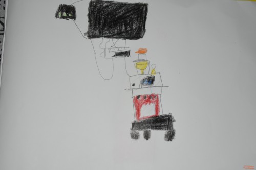In this Drawing, I tried to sketch and paint my wall where WIFI Router, TV, Set-Top Box, Inverter, and Battery are placed. 

On top, there is a Router 
Then, a TV and Set-top box
There are one inverter and Red color batter on trolly there.
There are some small boxes kept on the inverter that also drawn :)