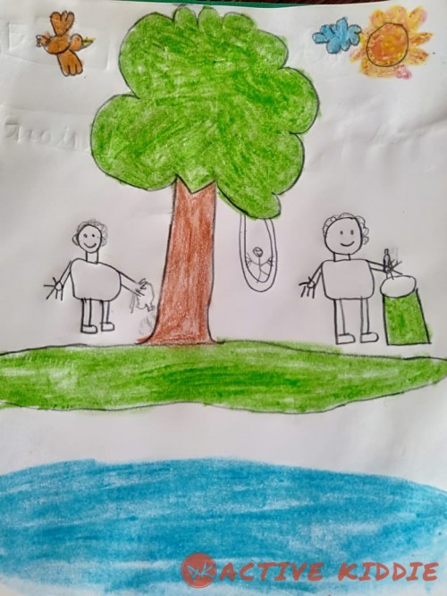 In this picture I created followng 

- A boy is throwing bottle in dustbin
- Another boy a watering tree
- Water pond is near tree
- Bird is flying