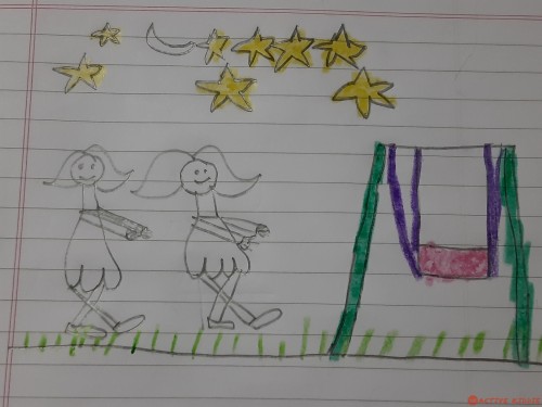 Two girls are in park rushing towards swing.
A night scene drawing